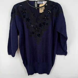 Vtg MarieaKim NWT Womens Classy Navy Blue Beaded Lace Embellished Sweater Size M
